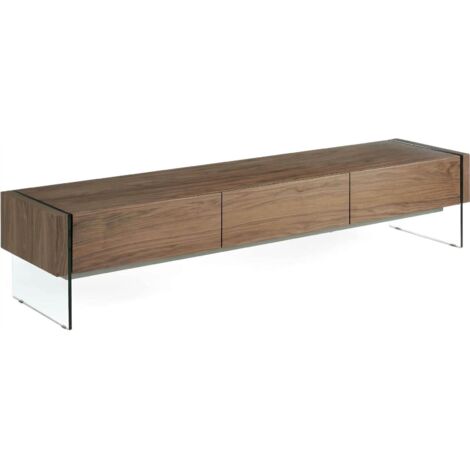 Meuble TV bois côtés en verre trempé 3 tiroirs système push et fermeture souple - Noyer, transparent