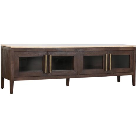 Meuble TV bois de manguier et marbre style moderne traditionnel - Bois foncé et marbre beige clair