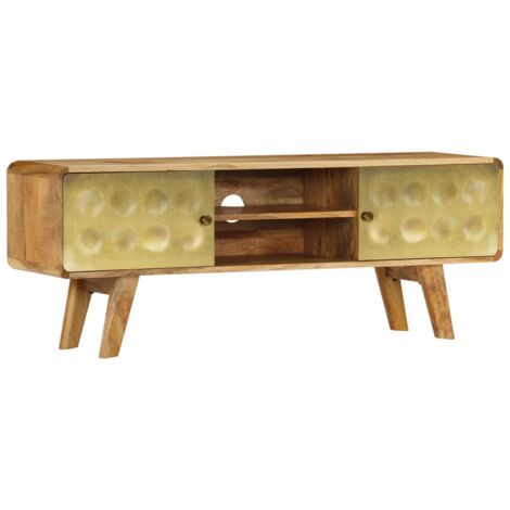 Bois de Sesham Massif Meuble TV Armoire de Télévision Marron/Doré vidaXL