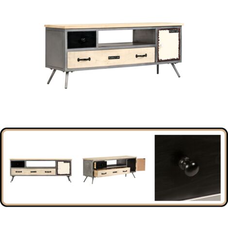 Meuble TV Bois de manguier massif et acier 120x30x45 cm - Meubles Tv - Meuble Television - Meuble Industriel - Meuble Design - Rangement Media