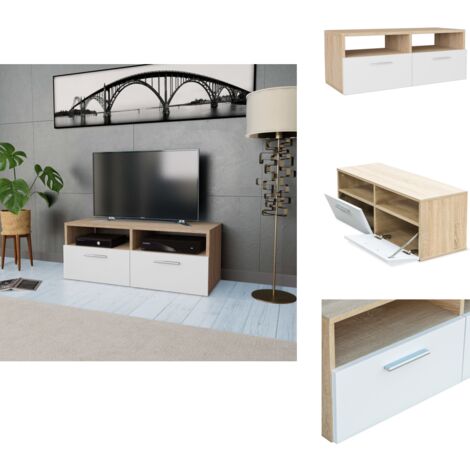 Meuble TV Bois d’ingénierie 95x35x36 cm Chêne et blanc - Meuble Tv - Meuble Télévision - Support Tv - Meuble Hifi - Rangement Media