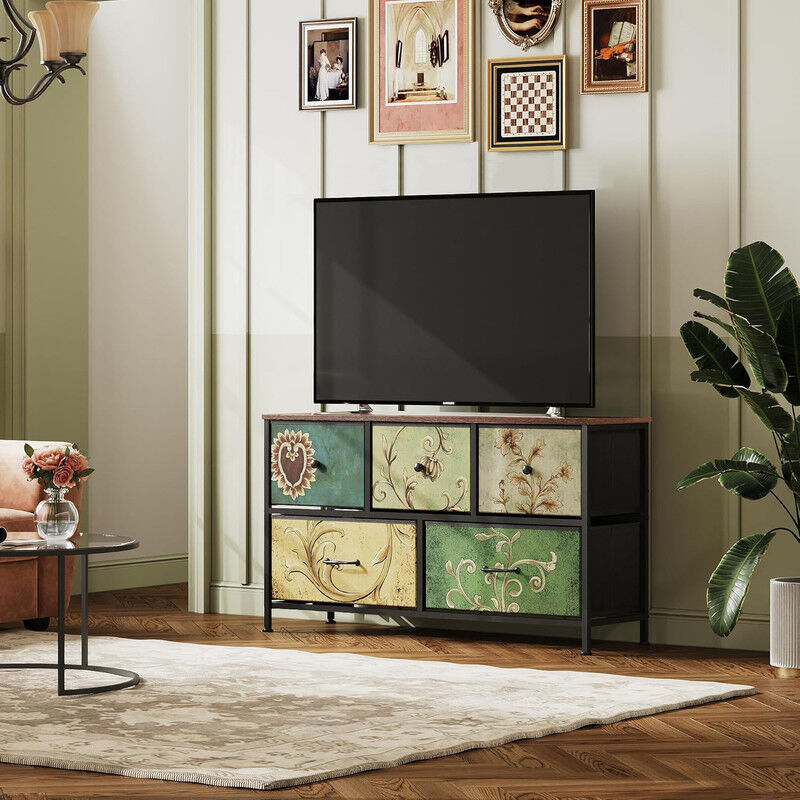 Blanketswarm - Meuble tv Bois et Metal 100x30x55.2cm, buffet, Commode pour armoire avec 5 tiroirs en tissu, Conception rétro, motif floral, Trépied
