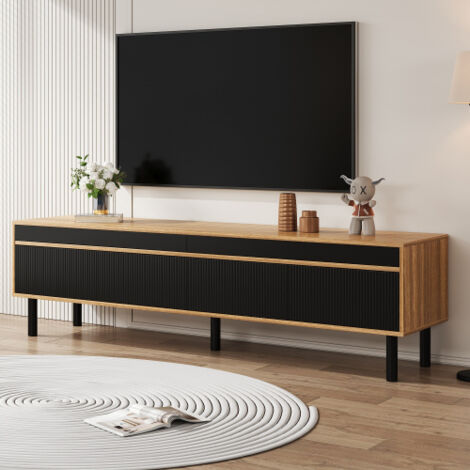 Meuble TV bois et noir avec 4 portes et texture raffinée, 5 pieds en bois noir