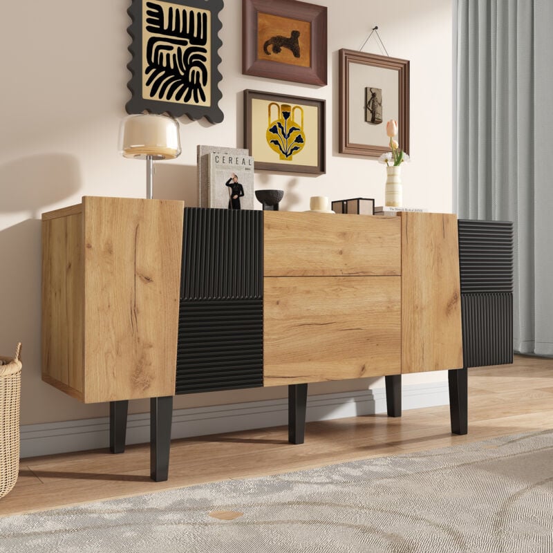 Wishdor - Meuble tv bois et noir avec 4 rangements et 2 tiroirs, pieds en bois massif