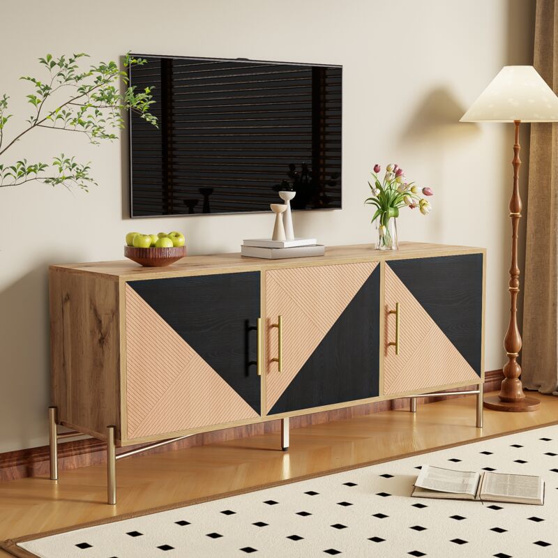 Meuble TV bois et noir avec poignées et pieds dorés, veinage bois marron et noir