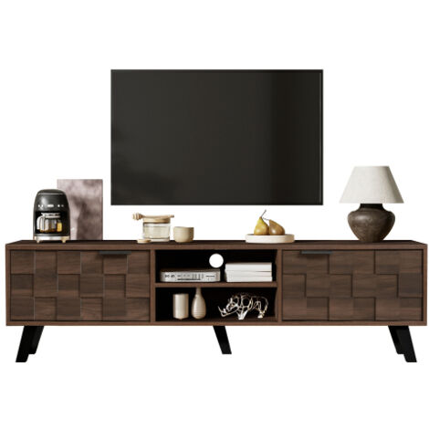 Meuble TV bois foncé 160.5x35.5x45cm 2 portes 2 étagères ouvertes design rustique