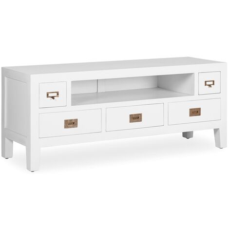 Meuble TV bois massif de mindi blanc Kourame 125cm