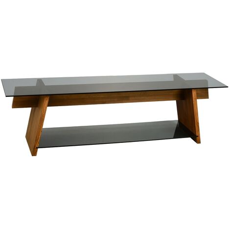 Meuble TV bois massif et verre trempé fumé noir Barkola 160cm