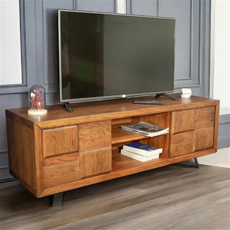 Meuble tv bois motif damier 150 cm OKA