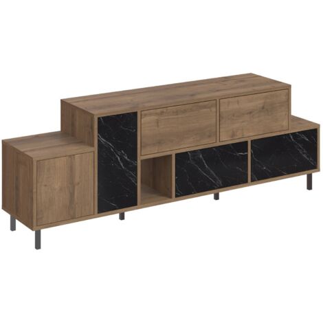 Meuble TV bois Noyer et noir effet marbre mélaminé 6 tiroirs 1 porte Kermina 171 cm