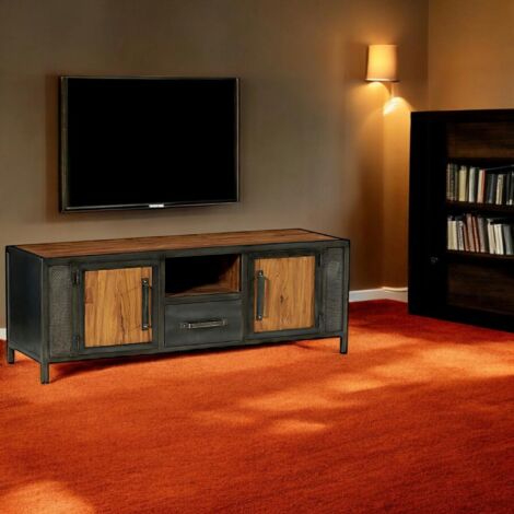 Meuble tv bois recyclé teck métal vieilli CLEVELAND
