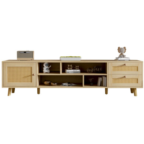 Meuble TV bois rotin 160cm rangement câbles 2 tiroirs 1 porte TV 70"