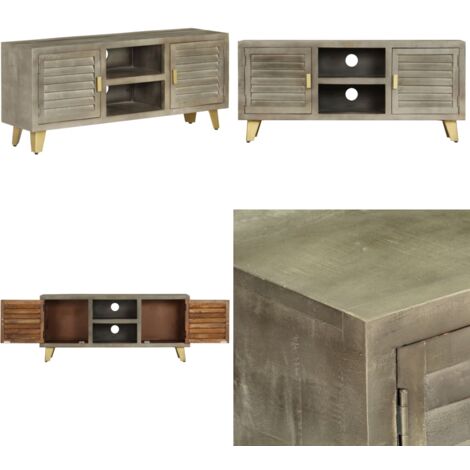 Meuble TV Bois solide de manguier Gris avec laiton 110x30x48 cm - Meubles Tv - Armoire Tv - Meuble Rangement - Meuble Retro - Meuble Design - Home & Living