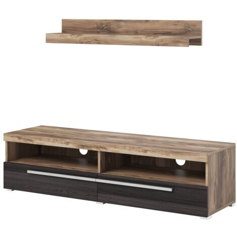 Meuble TV BRAZZA 140 cm avec étagère murale – 2 abattants – Noyer satin et niches visibles