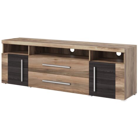 Meuble TV BRAZZA 182 cm – 2 portes, 2 tiroirs – Noyer satin et niches visibles