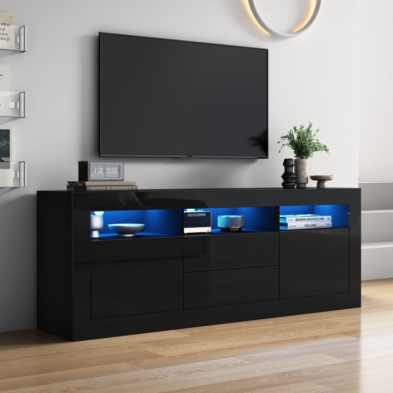 Okwish - Meuble tv brillant 160x35x60 cm espace de rangement avec éclairage led, 3 compartiments ouverts, 2 portes, 2 tiroirs, pour téléviseurs 70