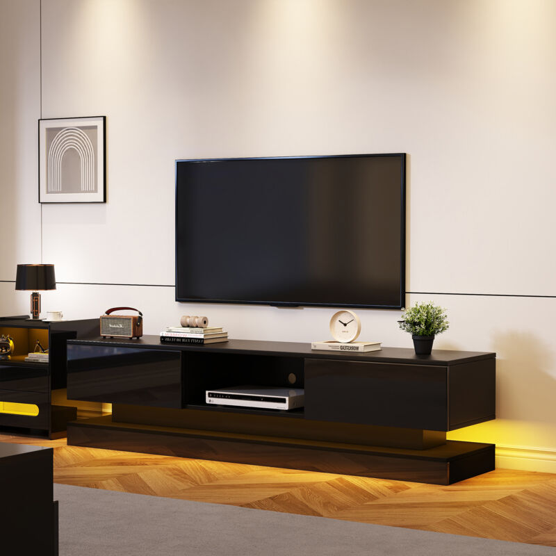 Hauss Spole - Meuble tv brillant 160x35x40,5 cm, led, 2 tiroirs, commande app, pour tv 60 pouces, noir