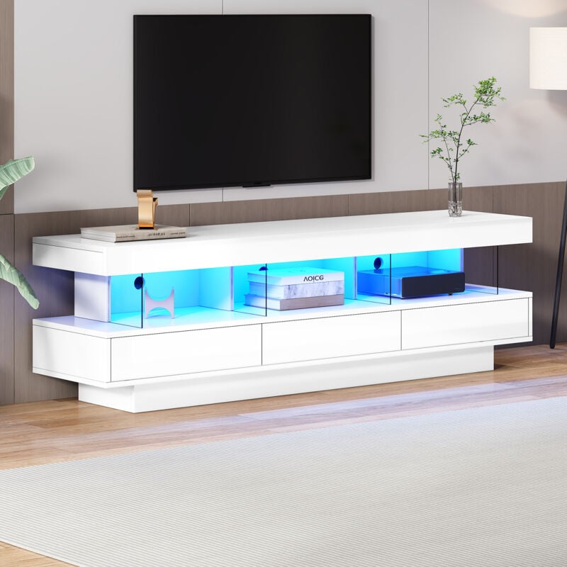 Hauss Spole - Meuble tv brillant 160x38x50,5 cm, 3 compartiments en verre, led, avec tiroirs, contrôle app, Bluetooth, pour tv 70 pouces, blanc