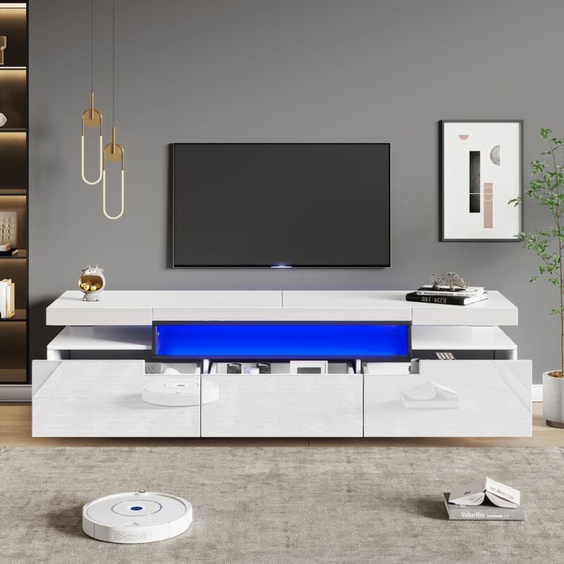 Hauss Spole - Meuble tv brillant 160x39x42 cm - Éclairage led 16 couleurs, 3 tiroirs, blanc