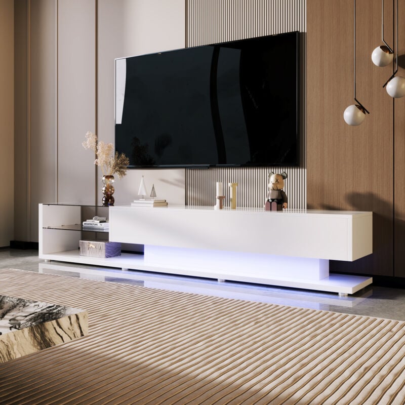 Meuble TV brillant à éclairage LED,Commode TV avec 2 grands tiroirs + étagères en verre,Design moderne,170x36x38cm,Blanc