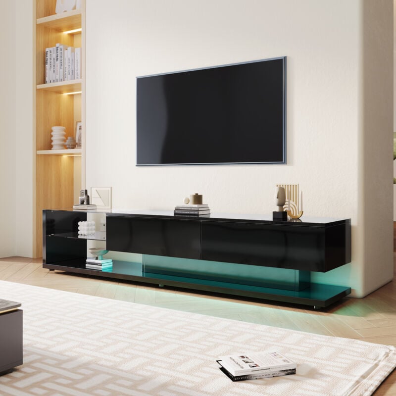 Meuble tv brillant à éclairage LED,Commode tv avec 2 grands tiroirs + étagères en verre,Design moderne,170x36x38cm,Noir