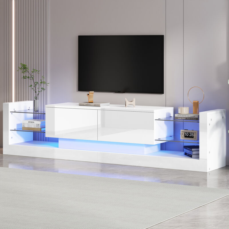 Meuble TV brillant avec éclairage LED 181cm,Pour téléviseur jusqu'à 80 pouces,Panneaux de verre,2 tiroirs rabattables-Blanc