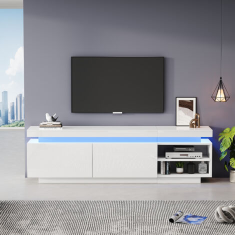 Meuble TV brillant avec éclairage LED, 2 portes, pour téléviseurs jusqu'à 70", blanc