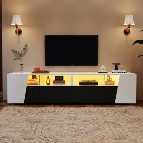 Meuble TV Brillant avec LED, 2 Tiroirs 2 Armoires + Rangement Ouvert, pour TV 80”, Blanc, 180x38.5x45 cm