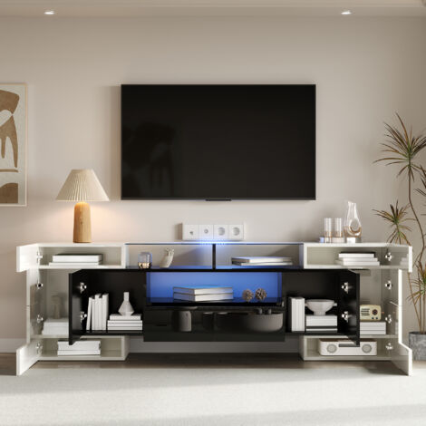 Meuble TV brillant, éclairage LED, nombreux rangements, 200x35x60cm, meuble de salon moderne, surface en verre, blanc+noir