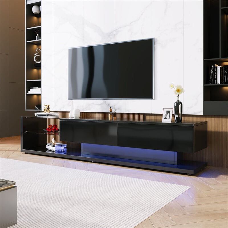Meuble TV brillant moderne 170x38x36cm, cloisons vitrées et éclairage LED variable, style naturel et rustique, noir
