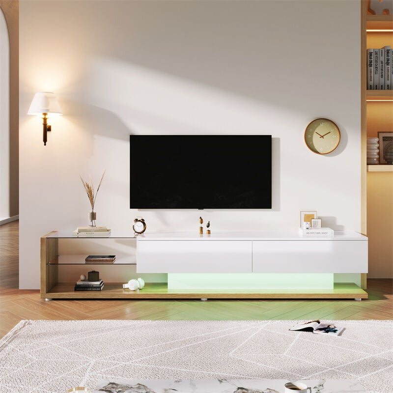 Meuble tv brillant moderne 170x38x36cm, cloisons vitrées et éclairage led variable, style naturel et rustique, naturel-blanc