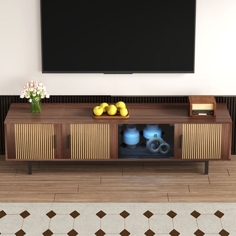 Meuble tv brun avec barre lumineuse led, porte en verre trempé et lowboard avec texture sculptée