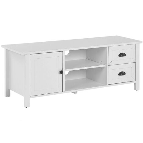 Meuble TV Buffet Blanc en Bois d'Ingénierie avec 2 Tiroirs et Porte Étagères et Trous Passe-câble pour Salon au Style Rustique et Scandinave Beliani