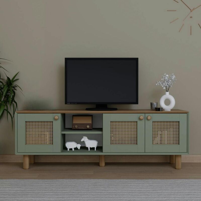 Meuble TV cannage, 3 portes sauge plateau effet chêne VAREN