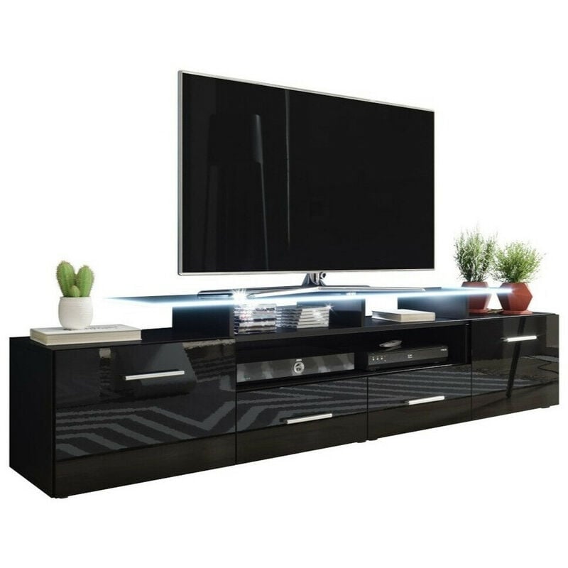 Meuble TV Charlotte 117, Noir + Noir brillant, Le nombre de portes: 0, Nombre de tiroirs: 0, 194x38x39cm