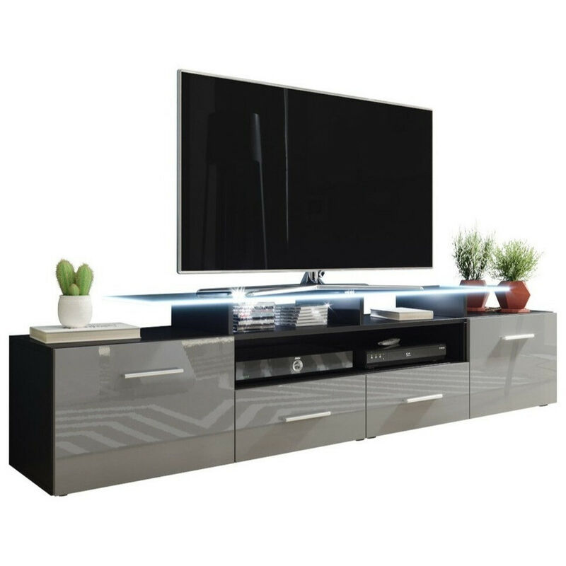 Meuble TV Charlotte 117, Noir + Gris brillant, Le nombre de portes: 0, Nombre de tiroirs: 0, 194x38x39cm, LED