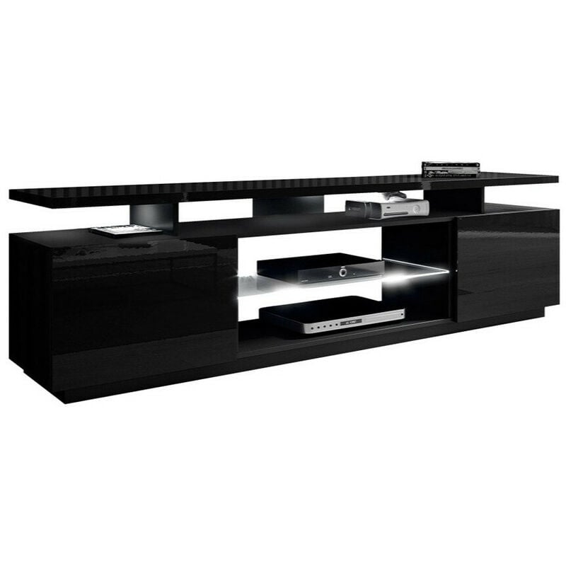 Meuble tv Charlotte 138, Noir + Noir brillant, Le nombre de portes: 0, Nombre de tiroirs: 0, 180x56x40cm, led