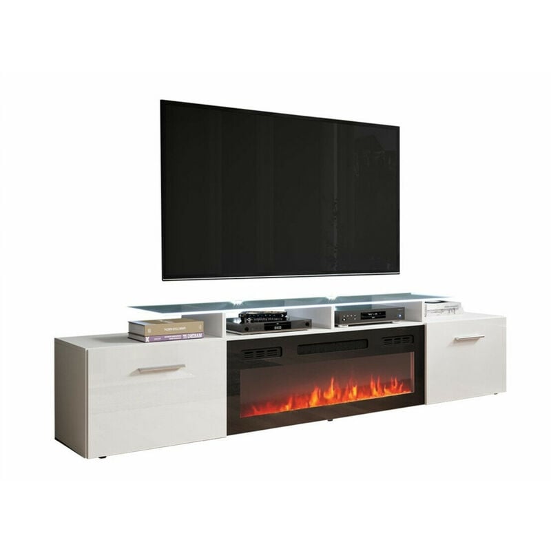 Meuble tv Charlotte 155, Blanc + Blanc brillant, Le nombre de portes: 0, Nombre de tiroirs: 0, 190x49x37cm, led