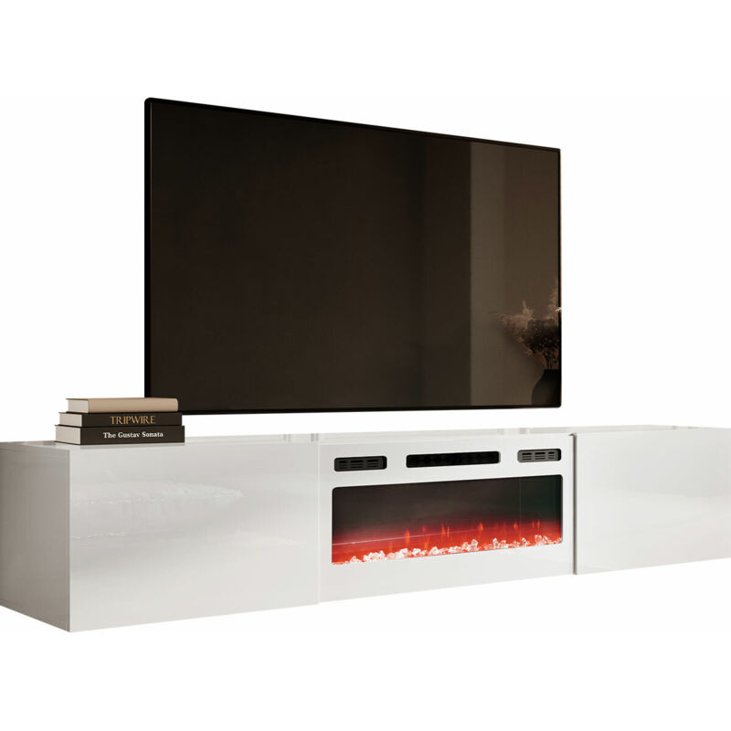 Meuble TV Imago I, Blanc + Blanc brillant, Le nombre de portes: 2, Nombre de tiroirs: 0, 200x37x40cm