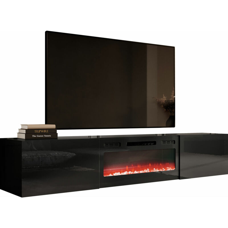 Mobilier1 - Meuble tv Charlotte 162, Noir + Noir brillant, Le nombre de portes: 0, Nombre de tiroirs: 0, 200x37x40cm
