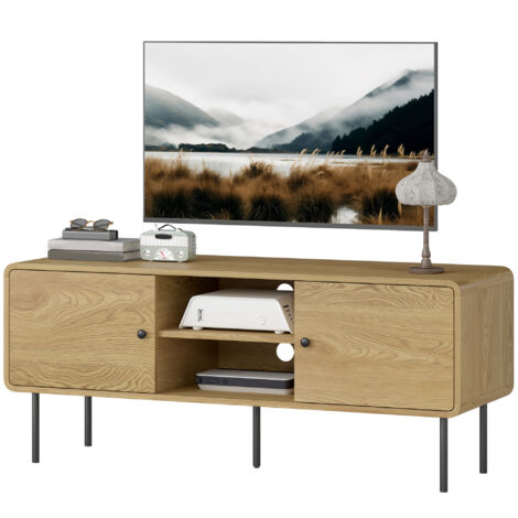 Meuble TV chêne 120x40x50cm pour téléviseur jusqu'à 55 pouces avec 2 portes, 2 niches ouvertes, pieds acier