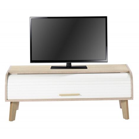 Meuble TV chêne clair rideau blanc Happy 114cm