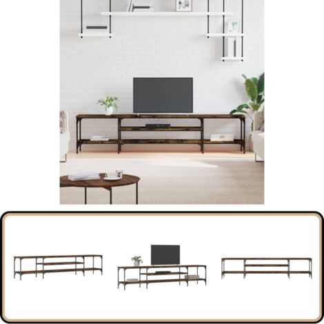 Meuble TV chêne fumé 201x35x45 cm bois d'ingénierie et fer - Meuble Tv Industriel - Meuble Tv Design - Armoire Multimedia - Étagère Murale - Rangement Salon