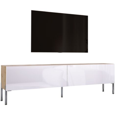 Meuble TV : Chêne Wotan / Blanc Brillant, pieds Chrome, 170 × 52 × 32 cm