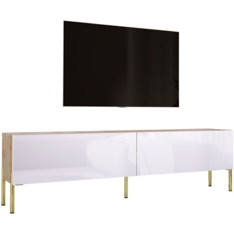 Meuble TV : Chêne Wotan / Blanc Brillant, pieds dorées, 170 × 52 × 32 cm