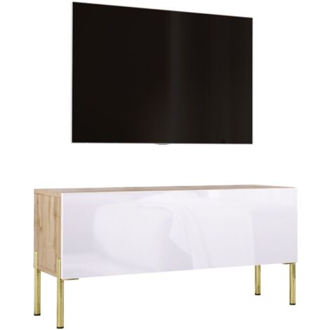 Meuble TV Chêne Wotan / Blanc Brillant, pieds En Or, 100 × 52 × 32 cm
