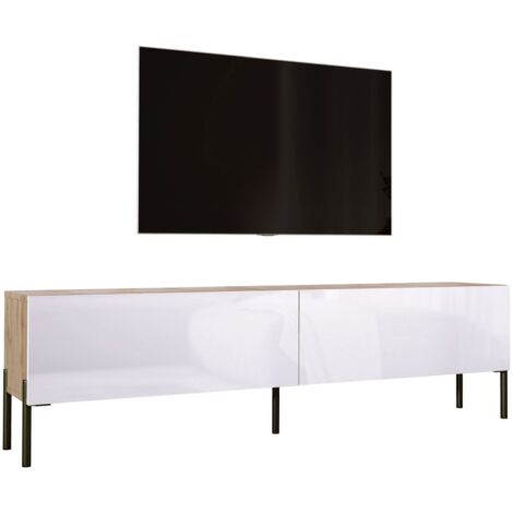 Meuble TV : Chêne Wotan / Blanc Brillant, pieds noires, 170 × 52 × 32 cm