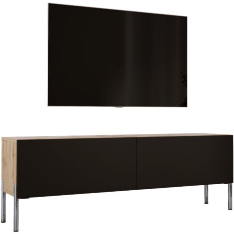 Meuble TV : Chêne Wotan / Noir Mat, pieds Chrome, 140 × 52 × 32 cm