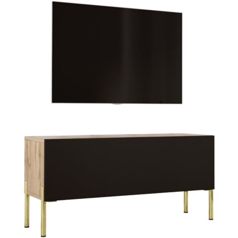 Meuble TV : Chêne Wotan / Noir Mat, pieds dorées, 100 × 52 × 32 cm