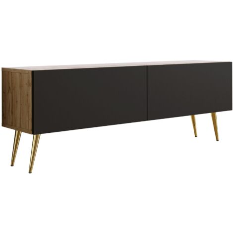 Meuble TV : Chêne Wotan / Noir Mat, pieds dorées, 140 × 52 × 32 cm